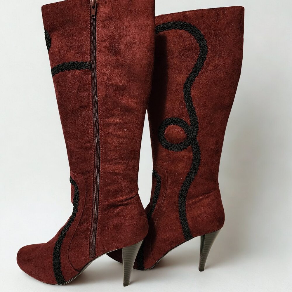 Giovanna Burgundy Suede High Heel Boots Black Trim Y2K Retro Statement Boots